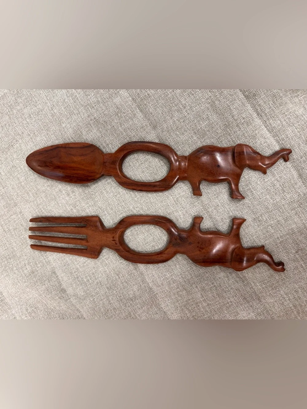 Vintage Hand Carved Wooden Elephant Handle Salad Fork & Spoon Set, 12” Long